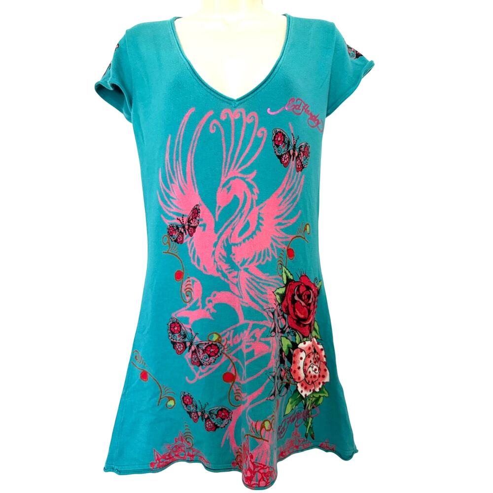 Ed Hardy Blue Knit Mini Dress Tunic Size M Y2K V-neck Rose Butterfly Print